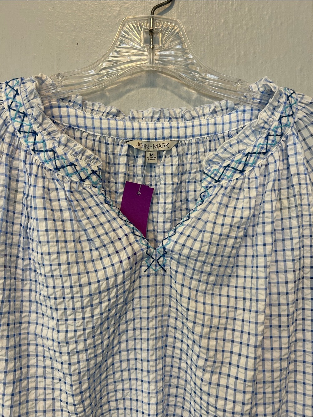 John Mark Blue Checked Peasant Blouse with Multicolor Embroidered Sleeves - Picture 3 of 7